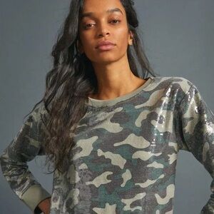 Anthropologie Green Camo Sequin Sweatshirt